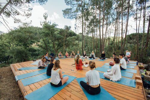 a group of people sitting on top of blue mats in the middle of a forest