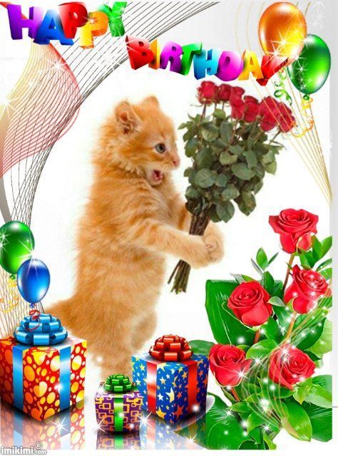 a happy birthday card with a kitten holding a bunch of flowers and presents in front of it