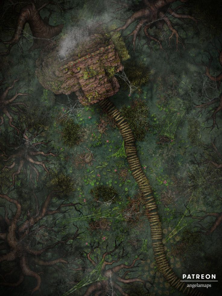 an aerial view of a tree house in the middle of a forest with moss growing on it