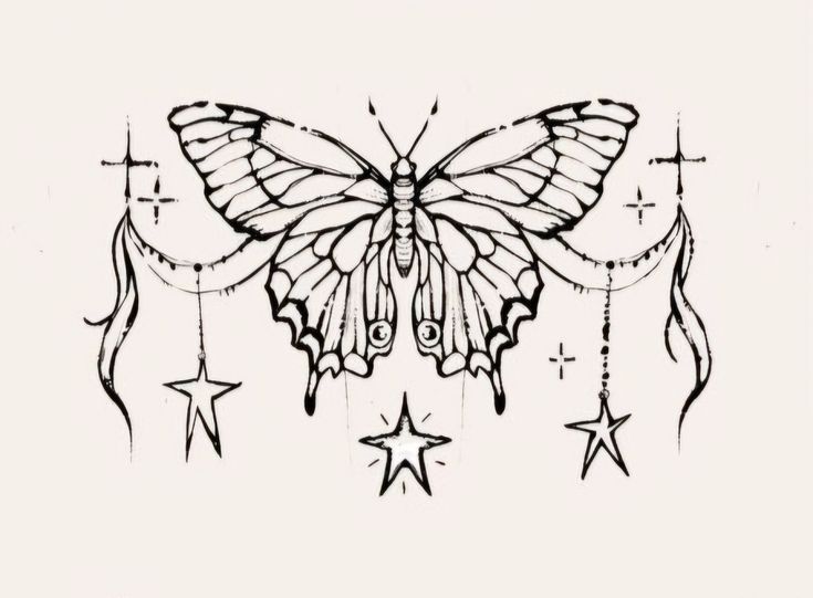 a black and white drawing of a butterfly with stars on it's back side