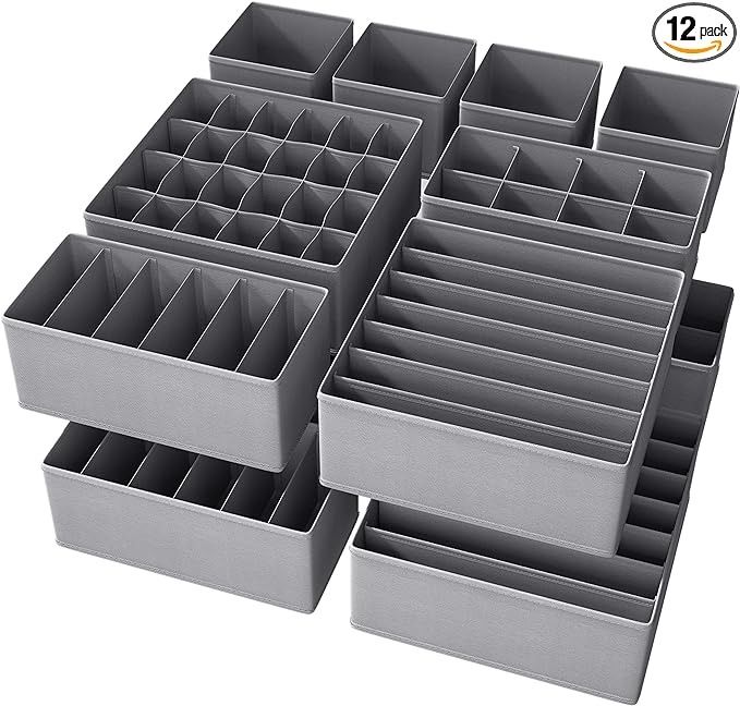 twelve compartment storage bins with dividers in grey