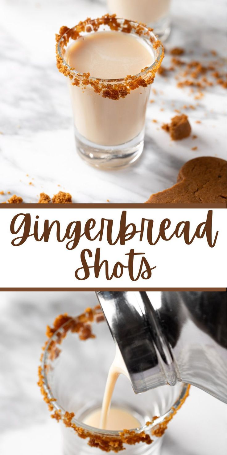 two glasses filled with gingerbread shots sitting on top of a table