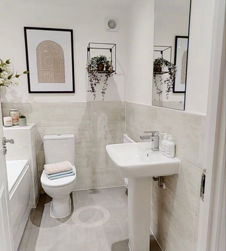 a bathroom with a toilet, sink and mirror