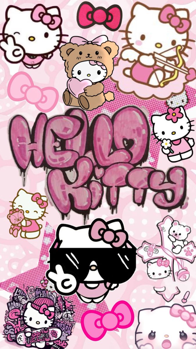 an image of hello kitty wallpapers on a pink background with the words hello kitty