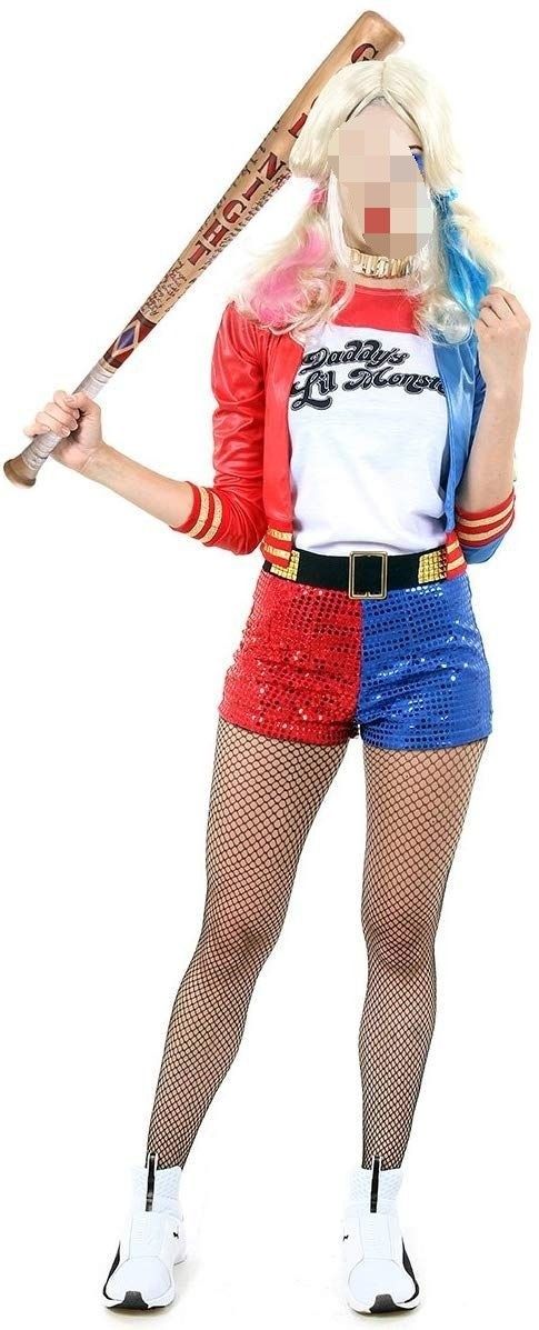 a woman dressed as a cheerleader holding a baseball bat and wearing fishnet tights