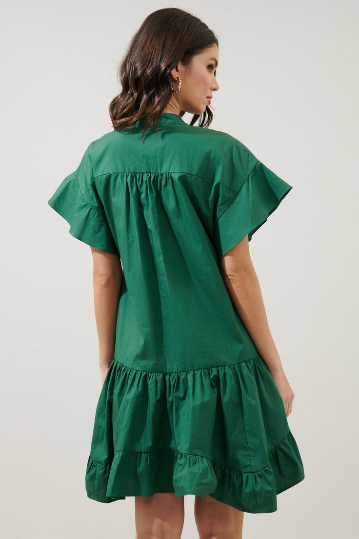 Birdie Deep V Mini Poplin Shift Dress – Sugarlips Cotton Shirt Dress With Ruffles For A Day Out, Chic Cotton Shirt Dress With Ruffles, Cotton Mini Shirt Dress With Ruffles, Green Short Sleeve Mini Dress With Ruffle Hem, Green Mini Dress With Ruffle Hem And Sleeves, Casual Cotton Ruffles Shirt Dress, Short Sleeve Shirt Dress With Ruffles For Day Out, Short Sleeve Ruffled Shirt Dress For Day Out, Green Ruffle Sleeve Mini Dress For Spring