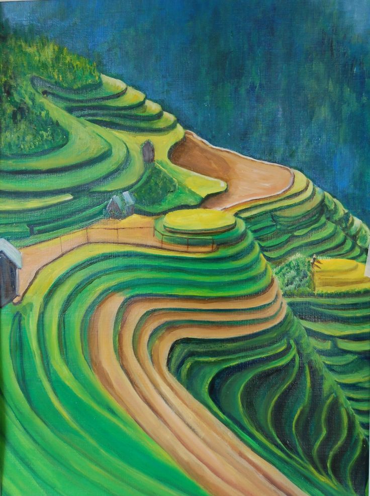 a painting of green hills with yellow fields