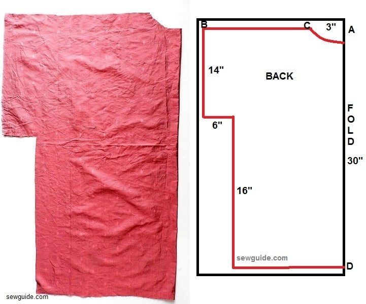 an image of a red piece of cloth with measurements for the back and side of it