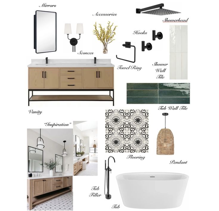 a bathroom design board with black and white accents