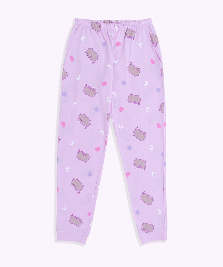 Click to see size chart How dreamy! This lavender Shop Exclusive two-piece pajama set includes a short-sleeve top and lounge pants. The super soft fabric & relaxed fit top is ideal for lounging or sleeping! Ladies fit and sizing. Relaxed-fit pajama tee & pants feature an all-over pattern of Pusheen surrounded by pastel-colored moons and stars. Pajama pants include side pockets and a tapered ankle cuff. Content: 100% Cotton. Imported. Care: Machine wash cold. Only non-chlorine bleach. Tumble dry Cute Cotton Sleepwear, Cute Relaxed Fit Sleepwear For Loungewear, Cozy Sleepwear With Elastic Waistband For Sleepovers, Comfortable Sleepwear Long Pants For Sleepover, Cute Sleepwear With Elastic Waistband For Loungewear, Comfortable Long Pants Sleepwear For Pajama Party, Cute Relaxed Fit Sleepwear For Lounging, Casual Relaxed Fit Sleepwear, Comfy Sleepwear With Elastic Waistband