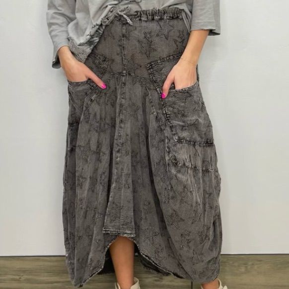 Denim Distressed Star Motif Skirt. Angled Hem With Patch Inset Pockets. Elastic Back With Drawstring At Waist. Waist 14” Side Length 33” Center Hem 24” Stonewashed Relaxed Fit Bottoms For Spring, Casual Stonewashed Bottoms For Summer, Baggy Washed Black Bottoms For Spring, Stonewashed Relaxed Fit Bottoms For Summer, Summer Stonewashed Relaxed Fit Bottoms, Summer Stonewashed Relaxed Bottoms, Casual Stonewashed Bottoms For Spring, Spring Acid Wash Bottoms With Pockets, Summer Washed Black Denim Skirt