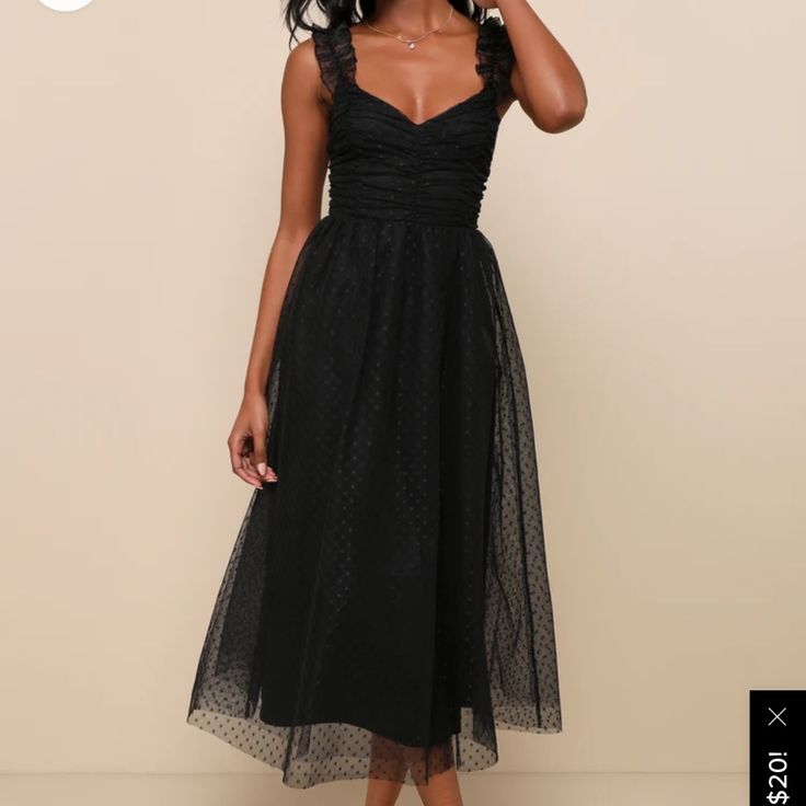 Midi Black Dress From Lulus. Never Worn, Still In Delivery Package. Missed Return Window. White Bridal Shower Dress, Black Ruffled Dress, Swiss Dot Dress, Tulle Midi Dress, Dress Code Wedding, Ruched Midi Dress, Darling Dress, Ruched Bodice, Long Black Dress