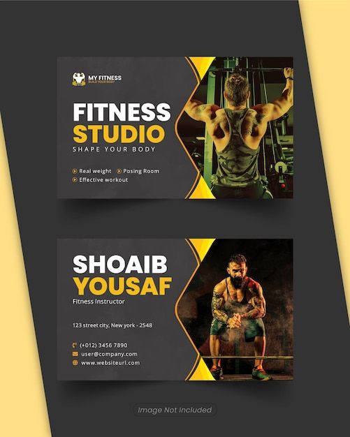 two business cards with the image of a man doing squats and holding a barbell