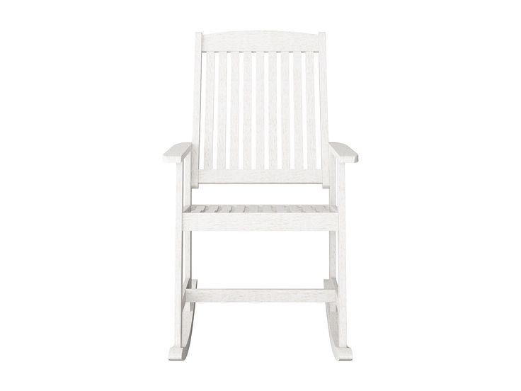 Washed white outdoor rocking chair with wooden frame, slatted back, and armrests for patio or garden relaxation. Classic Rocking Chair, Outdoor Rocking Chair, Patio Storage, Patio Bar Set, Patio Swing, Patio Sectional, Replacement Cushions, Outdoor Rocking Chairs, Accent Arm Chairs