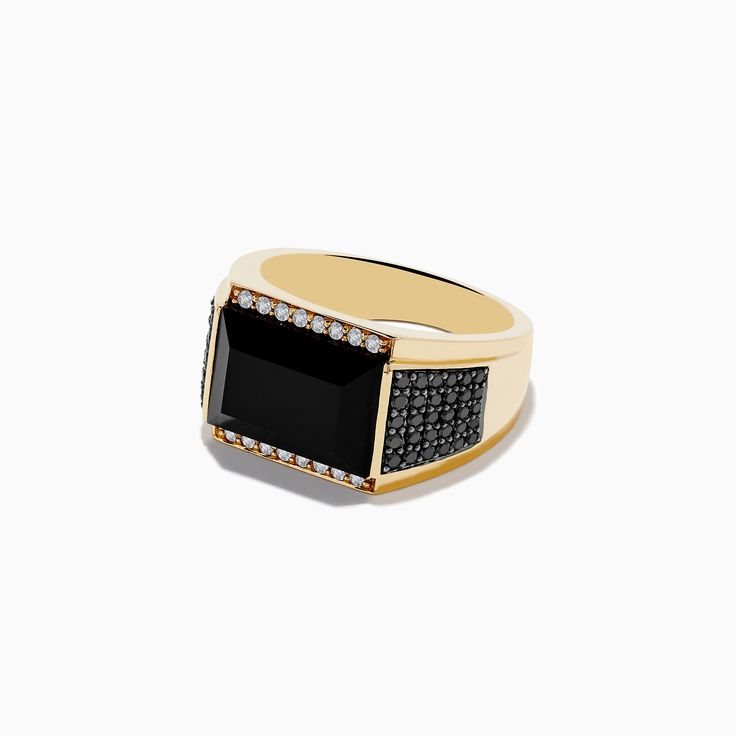 Effy Men's 14K Yellow Gold Black and White Diamond and Onyx Ring Luxury Black Rings With Vs Clarity, Luxury Black 14k Gold Jewelry With 17 Jewels, 14k Gold Black Jewelry With 17 Jewels, Black Luxury Signet Ring For Formal Events, Black 14k Gold Jewelry With 17 Jewels, Luxury Black Signet Ring For Formal Occasions, Black 14k Gold Jewelry For Formal Occasions, Classic Black Ring With 17 Jewels, Formal Black 14k Gold Jewelry