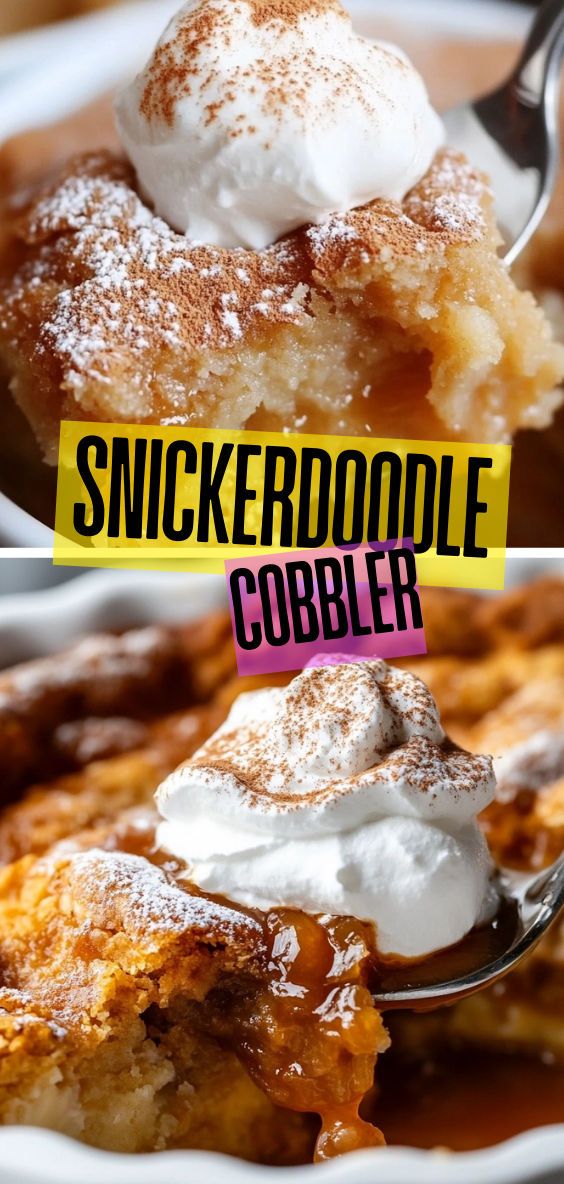 this is an image of a slice of snickkerdoodle cobbler with whipped cream on top