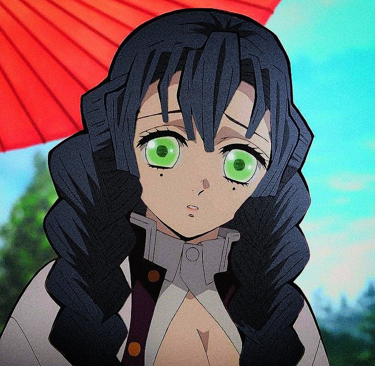 an anime character with green eyes and long black hair, standing in front of a red umbrella