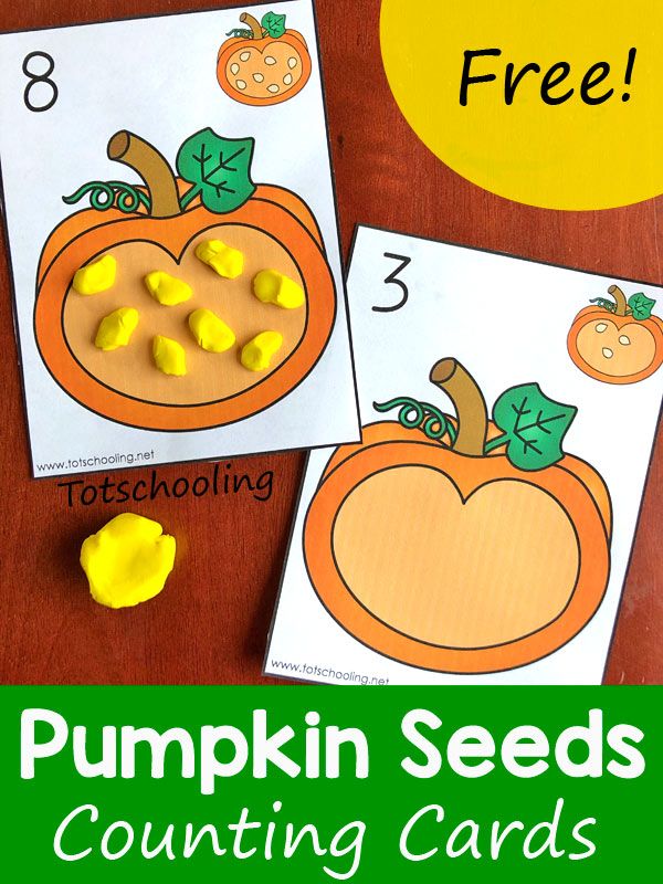 two pumpkin seeds counting cards on a table with free printables to help kids learn counting