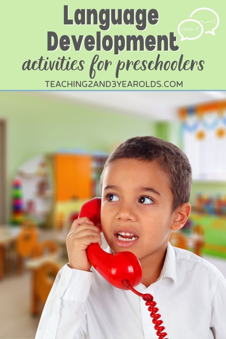 a young boy talking on a red phone with the words language development activities for preschoolers