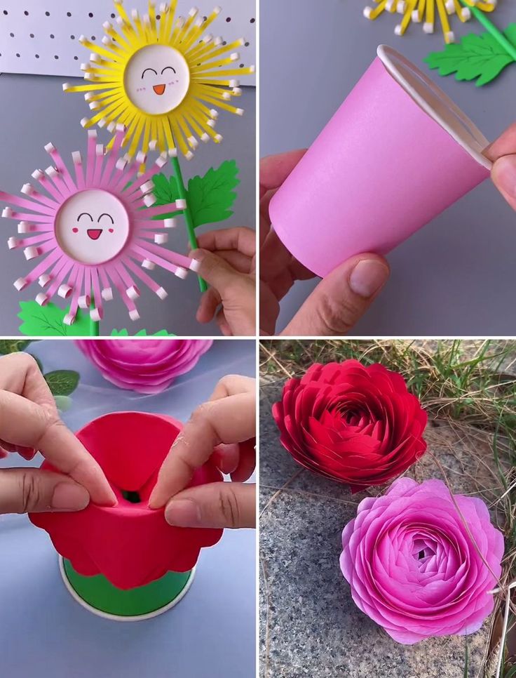 paper flowers are being made with different colors and shapes