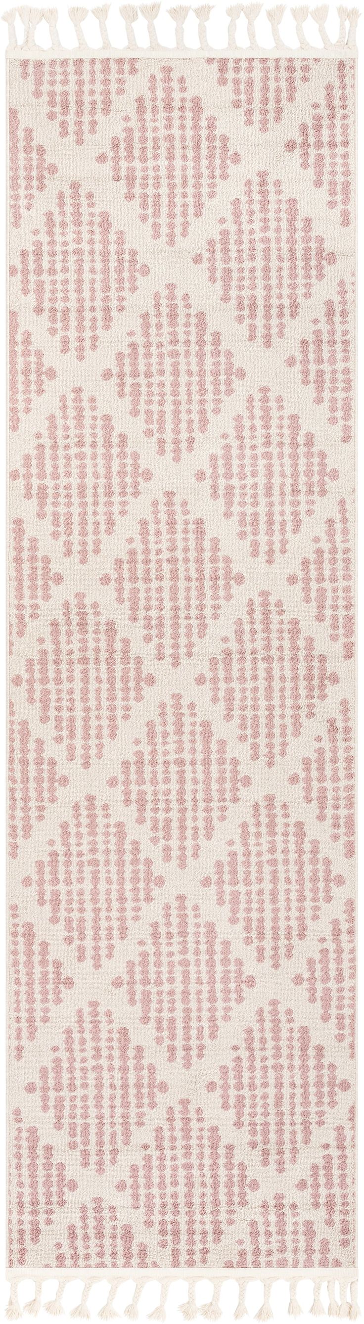 a pink and white area rug with an abstract design on the bottom half of it