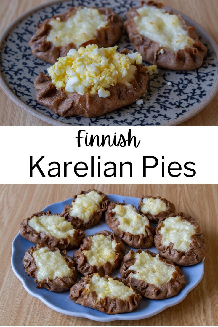 some food is on a blue plate and the words finnish karelian pies are above it