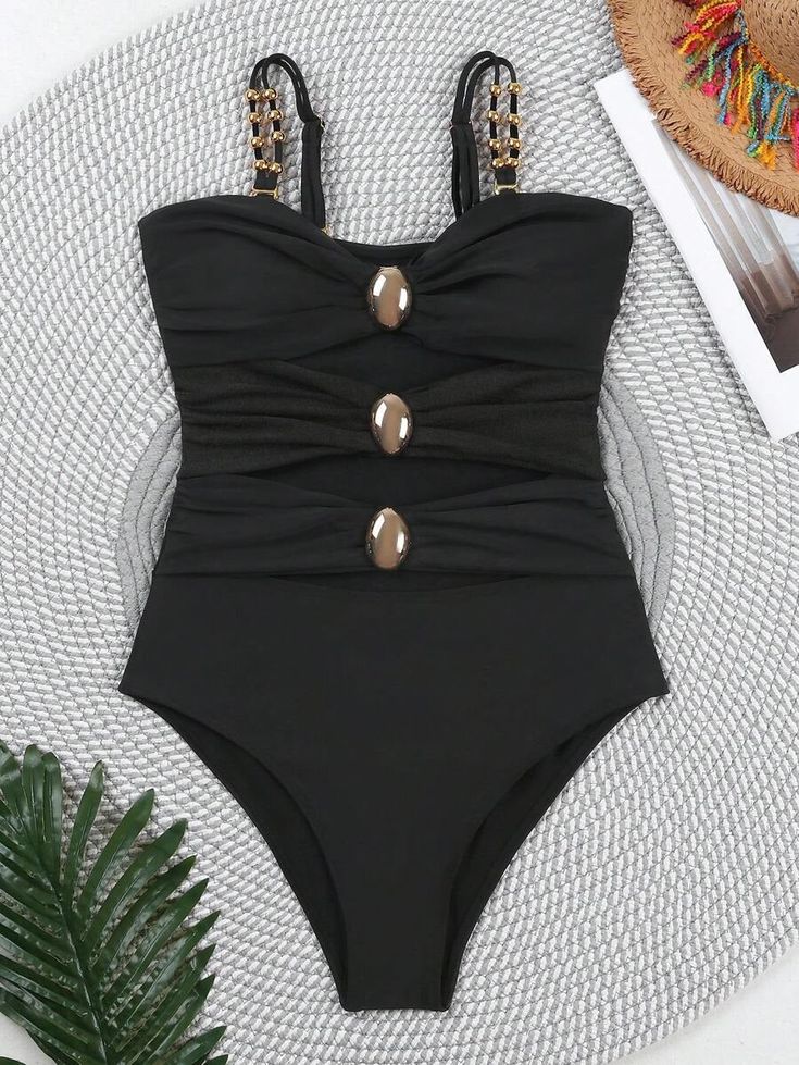 Turn heads at the beach with our Colorblock Cut-Out One-Piece Swimsuit. This sexy, plain-patterned swimsuit features eye-catching cut-out details and a flattering bikini bottom type. Designed with a wireless bra for comfort, it has spaghetti straps and a sleeveless cut for a sleek, modern look. Made from high-stretch knitted fabric, this short-length swimsuit ensures a perfect fit and ease of movement. Perfect for making a bold statement by the pool or on the sand. Composition: 80% Polyamide, 20 One-piece Swimwear For Beach Season Party, One-piece Swimwear For Beach Party, One-piece Party Swimwear For Beach Season, One-piece Party Swimwear, Party Beach Season One-piece Swimwear, Chic One Pieces For Beach Season Swimming, Chic One-pieces For Beach Season Swimming, Chic One-pieces For Beach Season Pool Time, Chic One-pieces For Beach Season Poolside