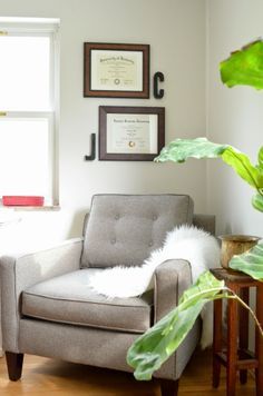 a living room with a chair, plant and pictures on the wall