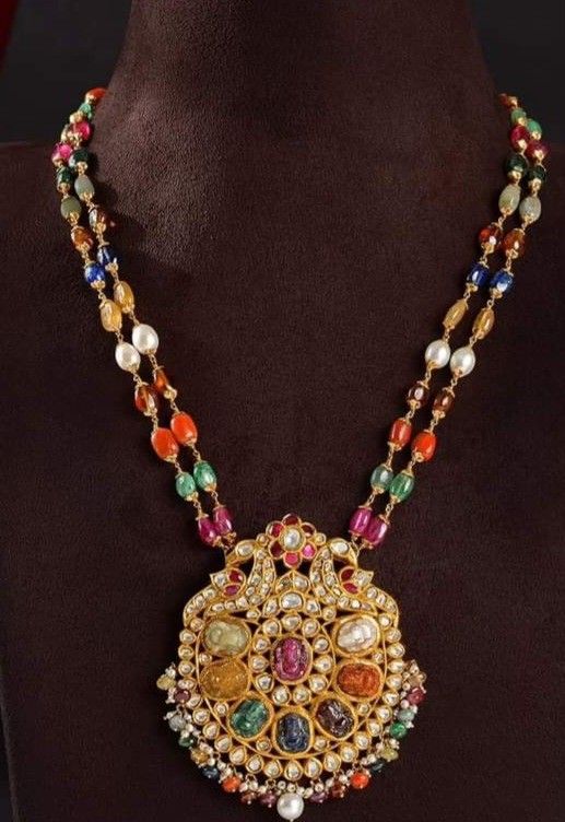 Navaratna Beads Jewellery, Navarathan Necklace, Navaratan Jewellery, Navratna Necklace, Wedding Stills, Gold Jewels Design, Beaded Jewelry Necklaces, Pearl Necklace Designs, Beaded Necklace Designs