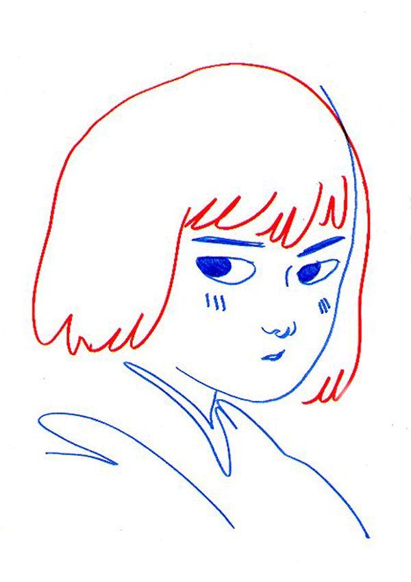 a drawing of a woman's face with red and blue lines on her forehead