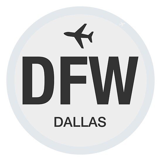 the dfw logo is shown in black and white, with an airplane above it