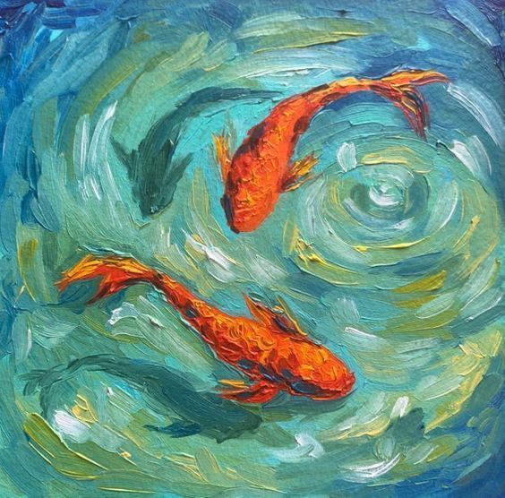 two orange koi fish swimming in a pond with blue sky and clouds behind them