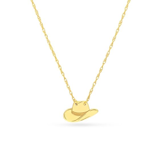 Buck up with this western-themed mini-hat necklace. 14K gold The embossed hat has a jaunty brim and trim 16.0- to 18.0-inch adjustable rope chain; spring-ring clasp Mini Cowboy Hat, Mini Cowboy, Retro Cowgirl, Bday Wishlist, Mini Hat, Cowgirl Aesthetic, Pipe Dream, Dream Jewelry, Cowboy Hat