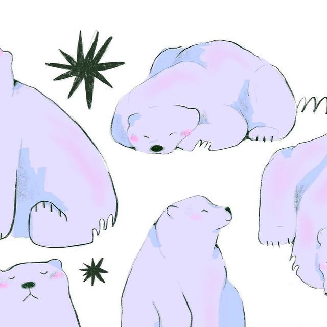 four polar bears are shown in pastel colors