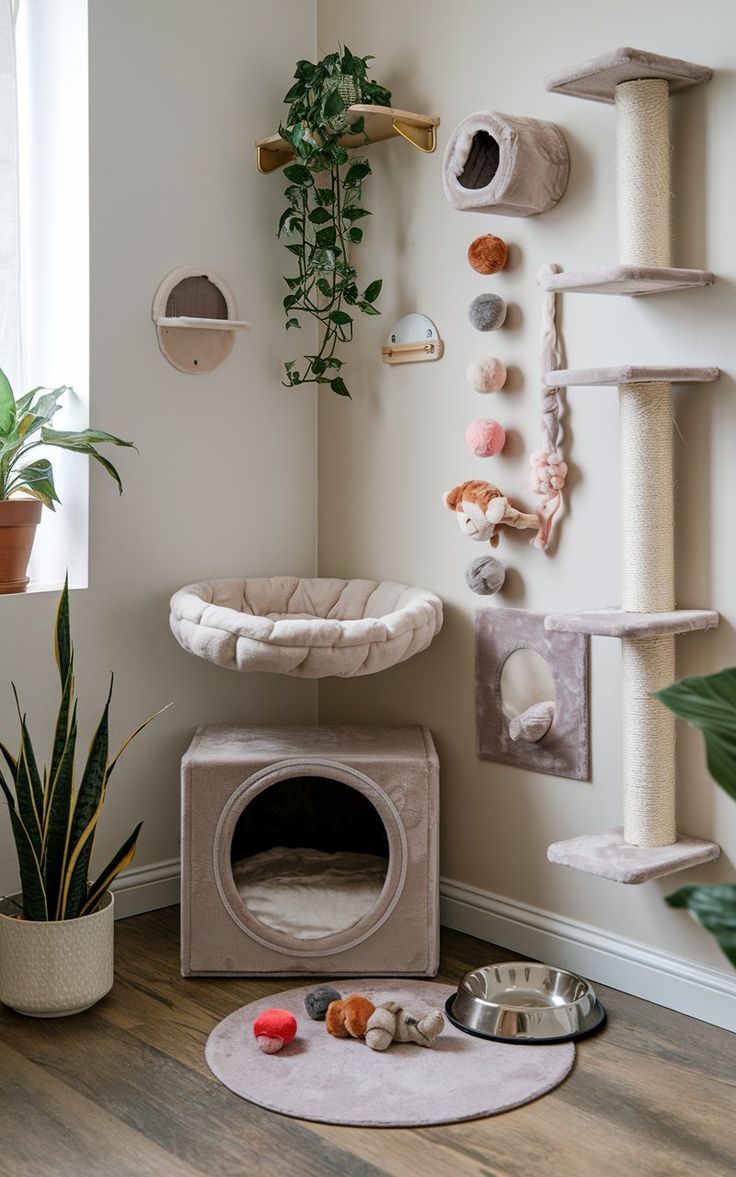 a cat house with various items on the floor next to it and a potted plant