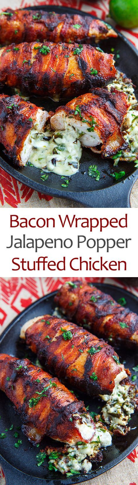 bacon wrapped jalapeno pepper stuffed chicken on a plate