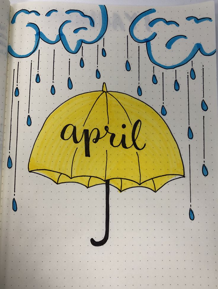 an open notebook with the word april written on it and rain falling down from above