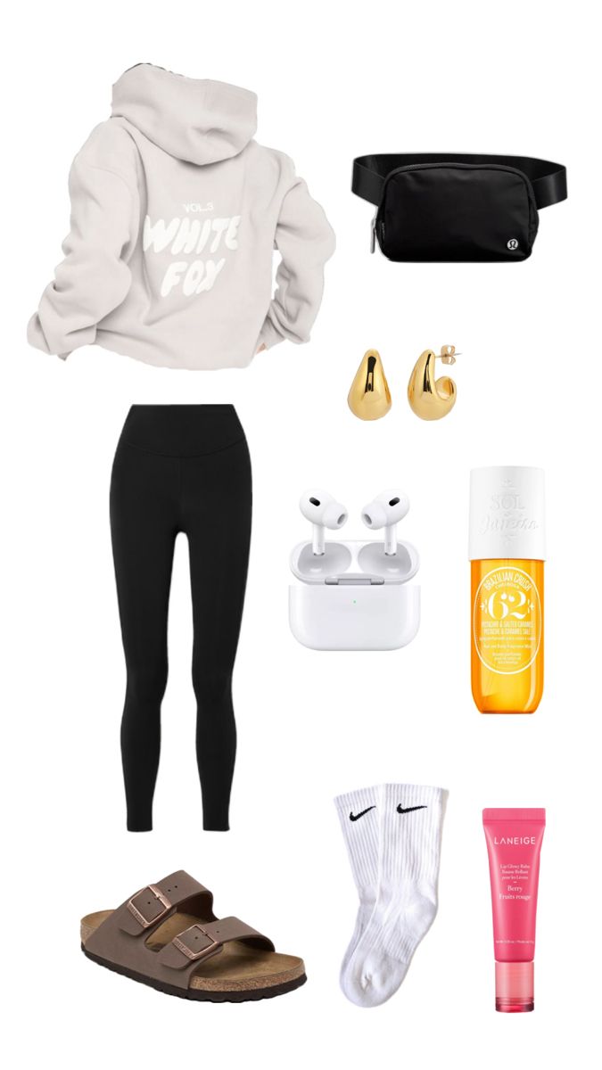 White Fox Hoodie, AirPods, gold hoop earrings, Arizona Birkenstocks, Lululemon Align Leggings, Lululemon belt bag, Sol De Janiero 62, Laneige Lip Balm Berry, Nike socks Cozy Hoodie Outfit, Birkenstock Arizona Outfit, Birkenstocks Outfits, Laneige Lip Balm, Nike Socks Outfit, Nike Hoodie Outfit, White Fox Hoodie, Comfy School Outfits, Lululemon Belt Bag