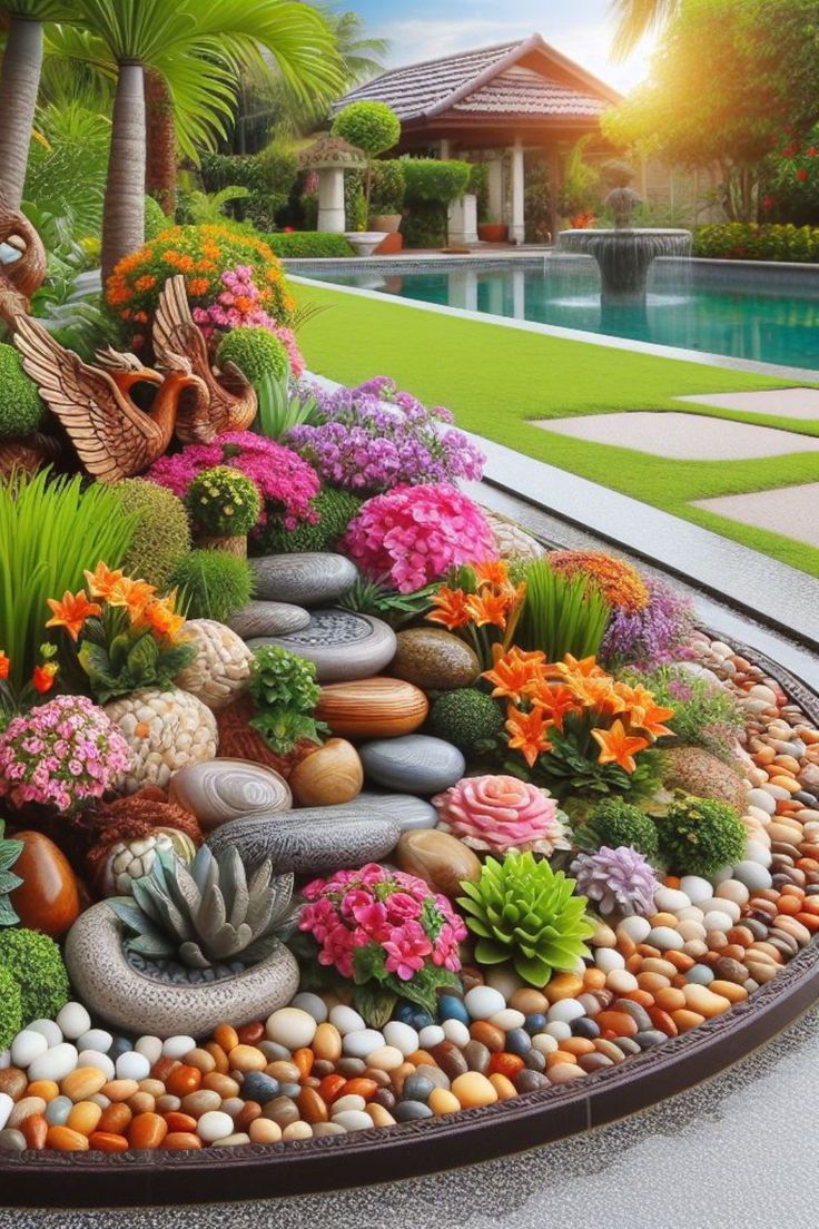 a garden filled with lots of different types of flowers and plants next to a swimming pool