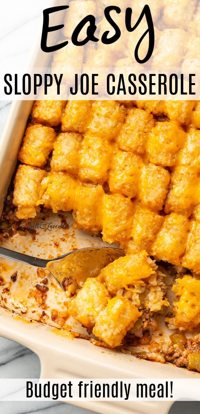 a baking dish with casserole and a serving spoon and text overlay that reads easy sloppy joe casserole - budget friendly meal! Manwich Tater Tot Casserole, Sloppy Joe Tater Tot Casserole Easy, Sloppy Joe Tater Tot Casserole Crockpot, Manwich Casserole Tater Tots, Sloppy Joes Tater Tot Casserole, Tator Tot Sloppy Joe Casserole Recipe, Leftover Manwich Ideas, Sloppy Joe Tater Tot Casserole Manwich, Tater Tot Sloppy Joe Casserole