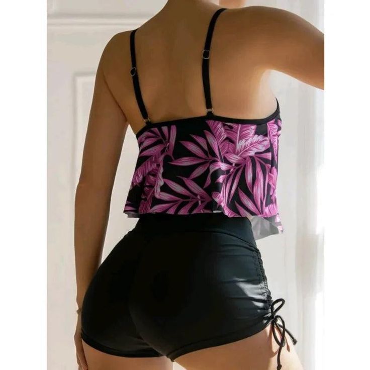 Item Types: two piece swimsuits with shorts for ladies, two piece swimsuits with boyshortsNeckline: Scoop NeckPads: YesLength: ShortFit Type: LooseDetail: BacklessPattern Type: Flower PrintStraps Style: AdjustableBottom Style: Drawstring ShortsMaterial: PolyesterMaterial: NylonMaterial: Spandex Swimsuits Tankini, Women's Swimming, Female Swimwear, Ruched Tankini, Oc Drawing, Tankini With Shorts, Swimsuit With Shorts, Hanky Hem, Swimsuit Sale