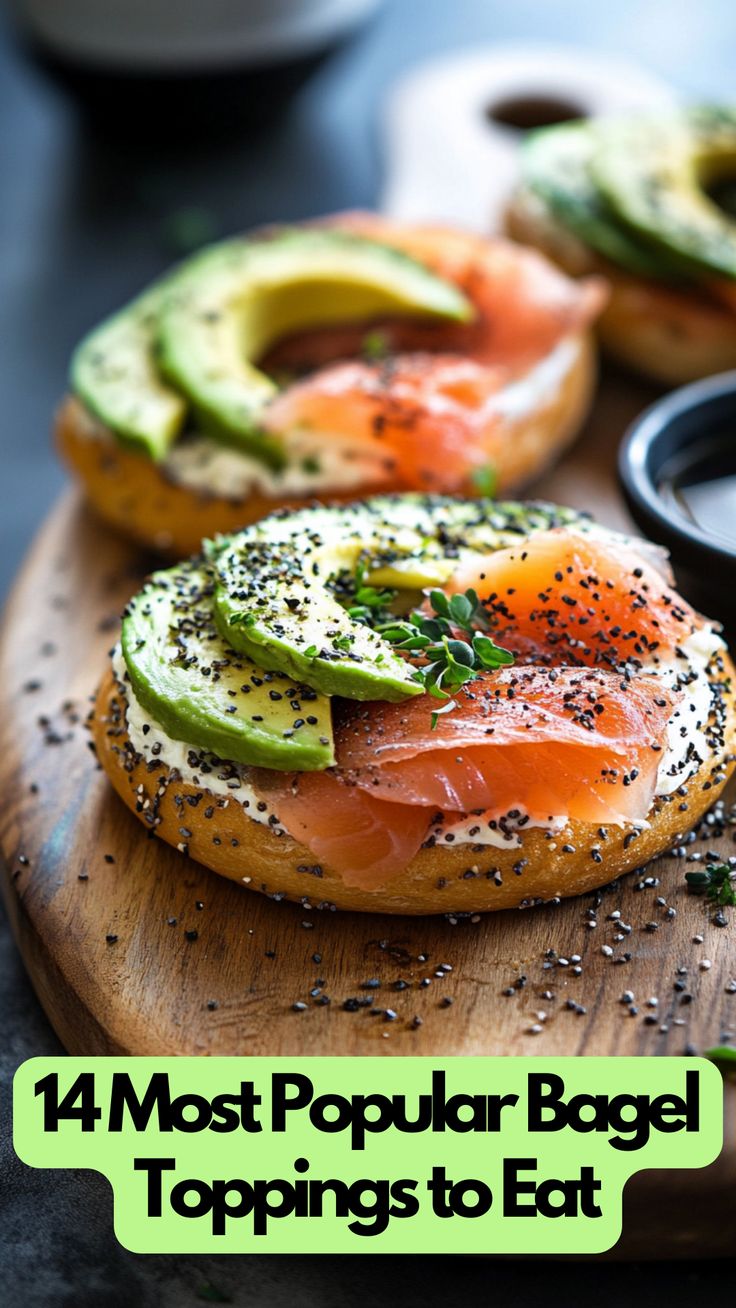 A toasted bagel topped with cream cheese, smoked salmon, avocado slices, and a sprinkle of herbs on a wooden board. Sandwich Bagel Ideas, Bagel Board Breakfast, How To Eat Bagels, Bagel Cream Cheese Toppings, Dairy Free Bagel Toppings, Open Face Bagel, Salmon Avocado Bagel, Bagels With Salmon And Cream Cheese, Build Your Own Bagel Bar