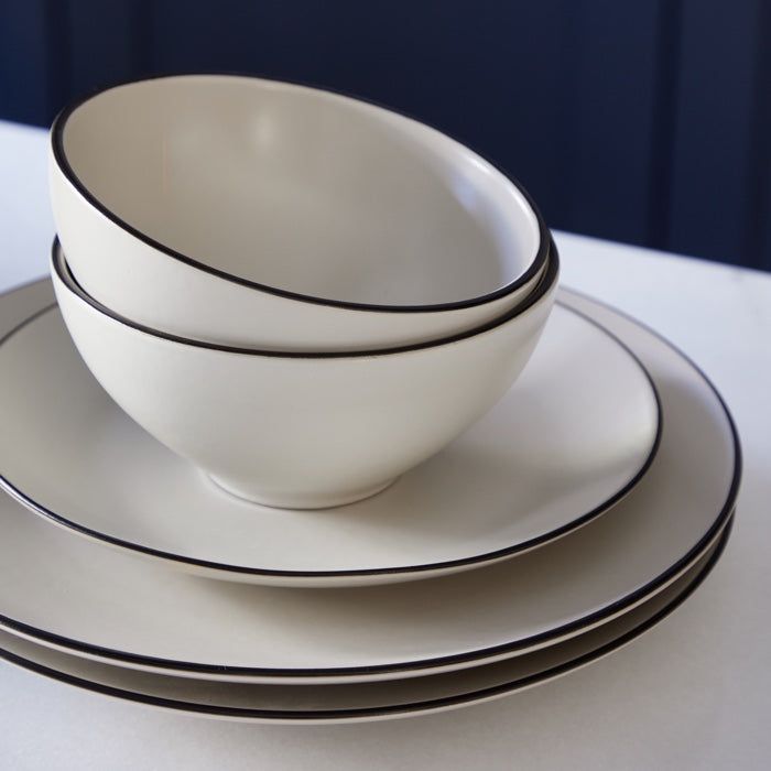 three white plates with black lines on them