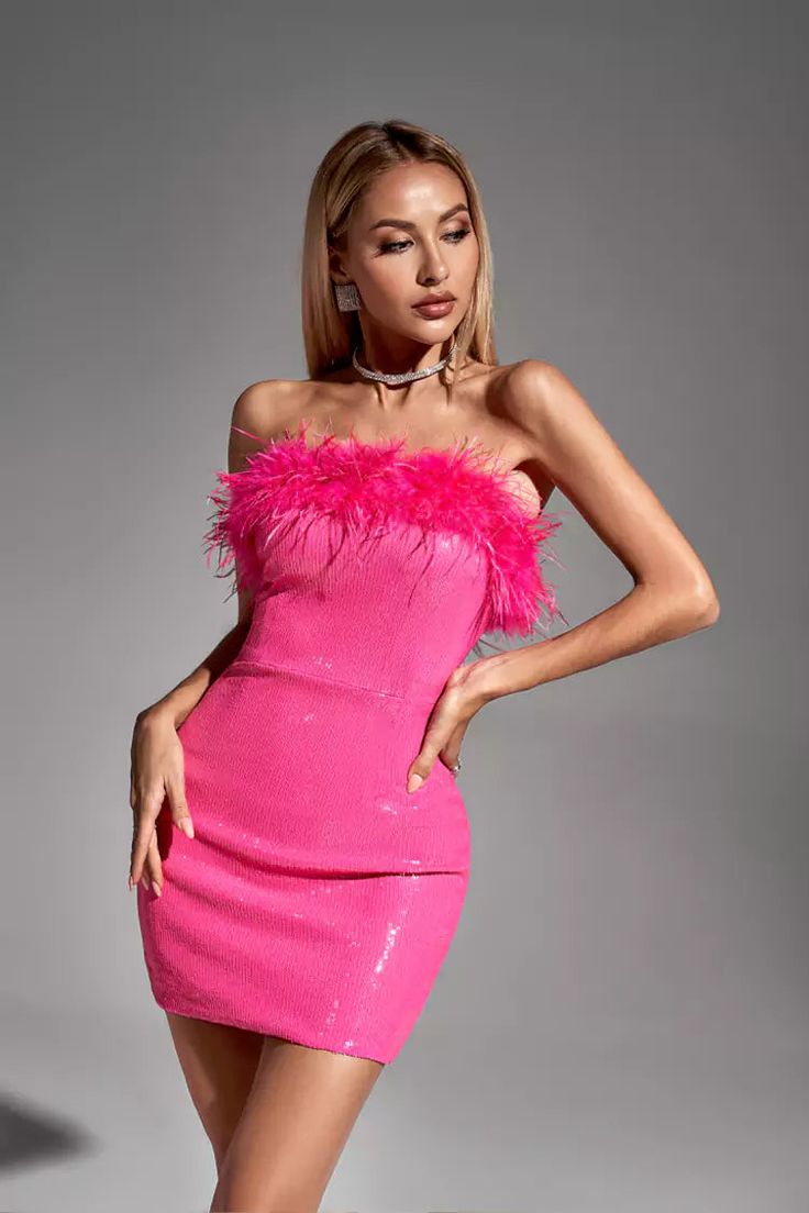 Gemma Pink Feather Mini Dress Pink Strapless Sequin Dress For Night Out, Pink Strapless Sequin Prom Dress, Strapless Pink Sequin Prom Dress, Strapless Club Dress With Feathers, Strapless Pink Sequin Dress For Party Season, Strapless Club Dress With Feather Trim, Pink Strapless Sequin Dress For Spring, Strapless Dress With Feather Trim For Prom, Fitted Strapless Dress With Feather Trim For Parties