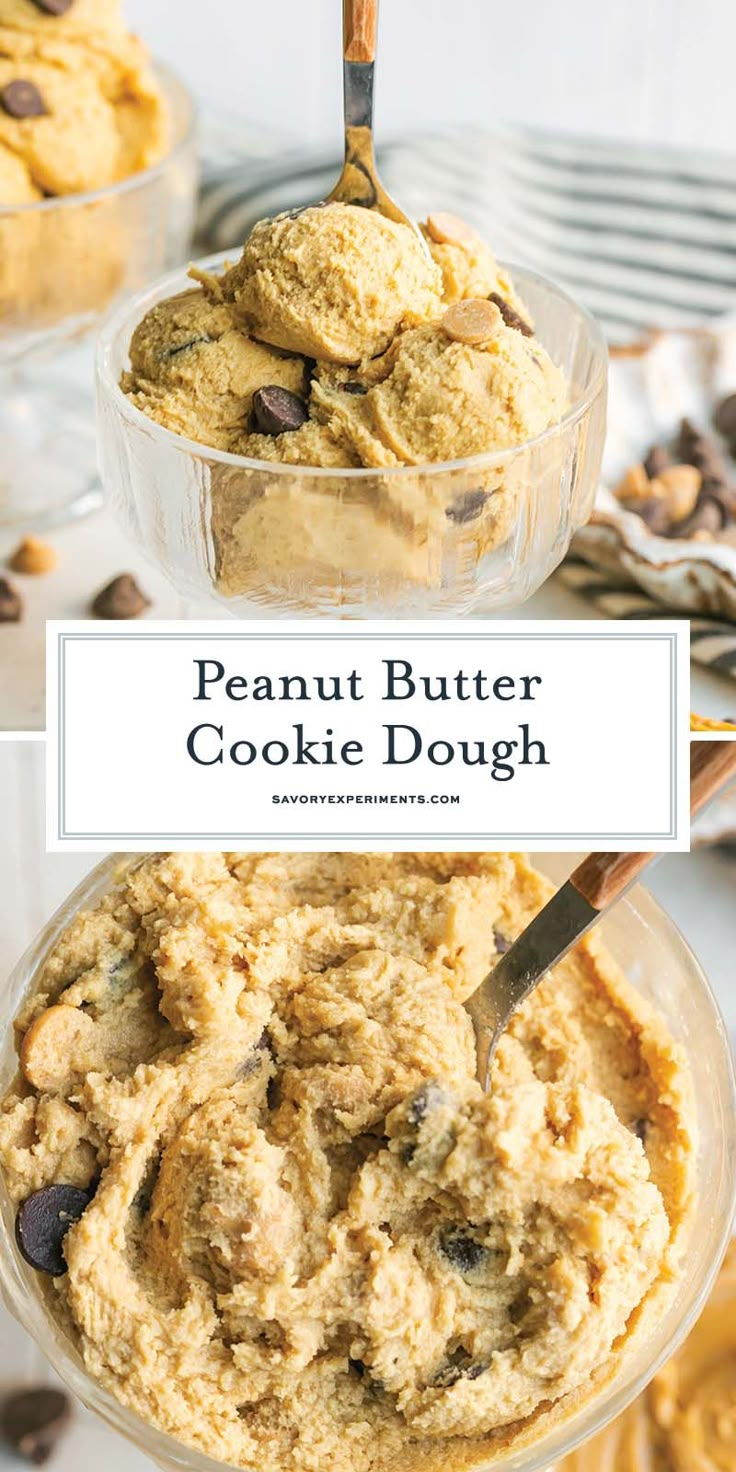 peanut butter cookie dough in a glass bowl with a spoon