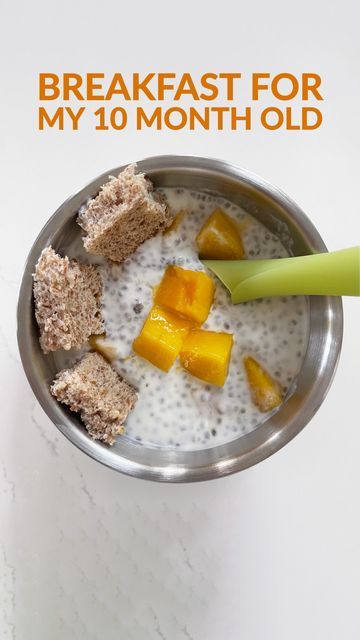 breakfast for my 10 month old is served in a bowl with fruit and oatmeal