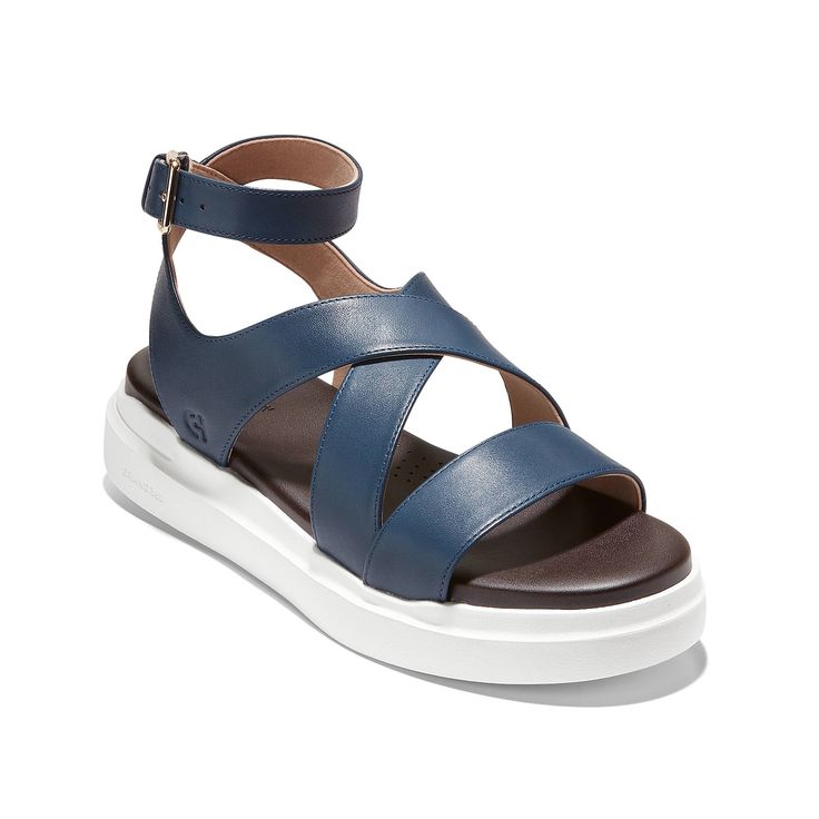 Cole Haan-Grand Pro Castine Platform Sandal Set inspiring style standards with the Cole Haan Grand Pro Castine platform sandal. A strappy leather upper and sporty EVA sole make this adjustable sandal standout. A padded Grandfoam footbed offers desirable comfort. Leather Platform Sport Sandals, Sporty Leather Platform Sport Sandals, Sporty Leather Platform Sandals, Sporty Ankle Strap Sport Sandals, Sporty Leather Sandals, Cole Haan Women, Eva Sole, Blue Sandals, Cole Haan