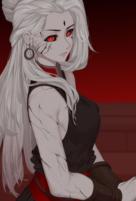 a woman with white hair and red eyes