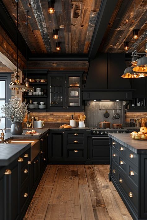 a kitchen with black cabinets and wooden floors is lit by pendant lights hanging from the ceiling