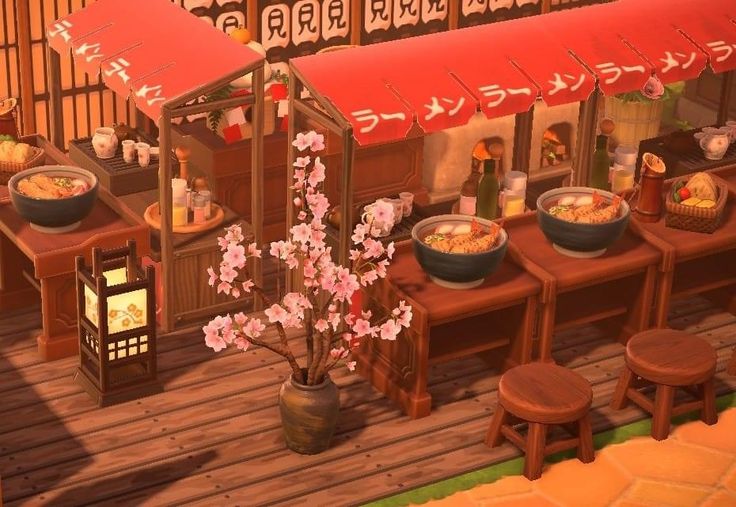 an animated image of a japanese restaurant with food on the table and flowers in vases